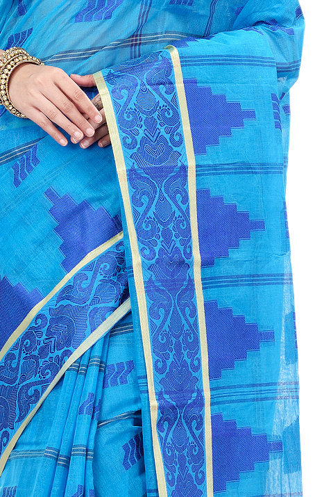 Blue Pure Cotton Kamala Desiging Tant Saree (227)